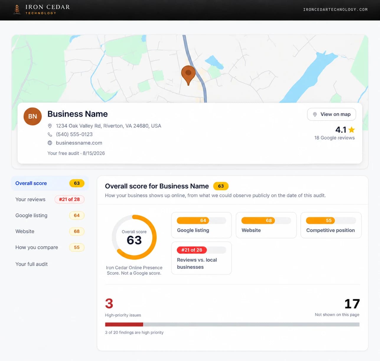 Sample Iron Cedar audit report for a made-up business, showing an overall score, scores for the Google listing, website and competitive position, and a review ranking against local businesses.